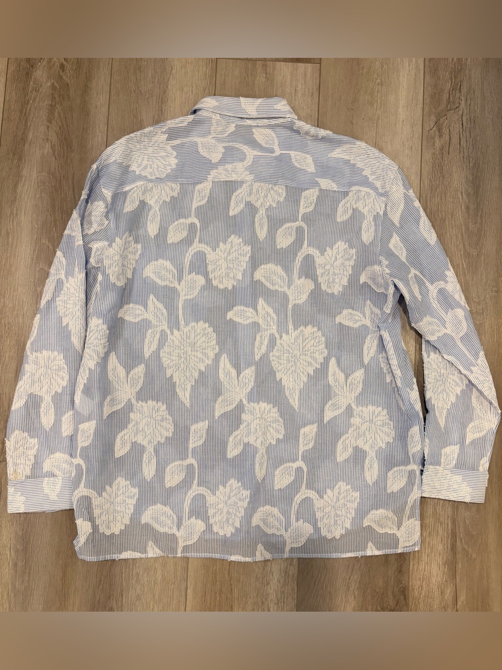 Magaschoni Light Blue and White Floral Stripe Button-Down Shirt - Picture 6 of 7